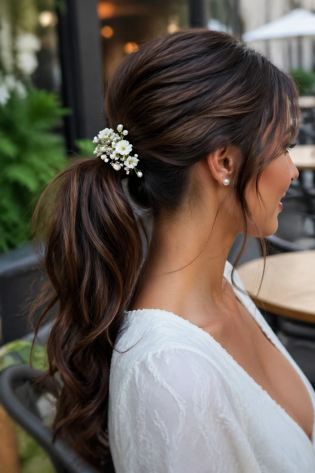 Profile view of a real woman with a ponytail adorned with floral pins at the base.