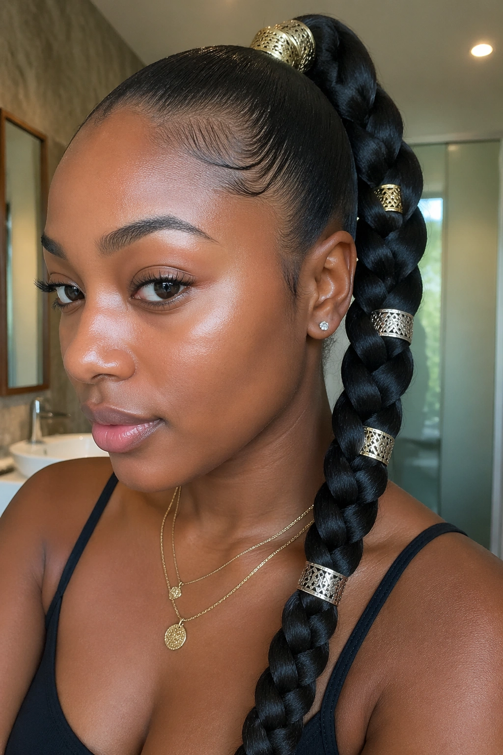 Close-up of a real woman with a ponytail and hair cuffs in a chic bathroom