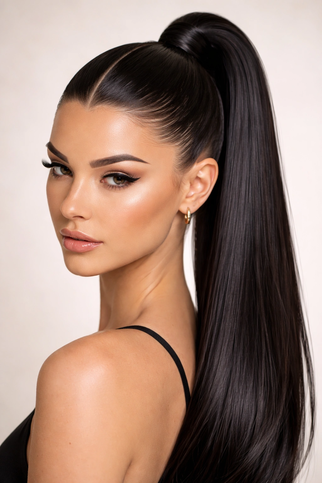 Close-up of sleek high ponytail with a sharp center part on a mannequin head