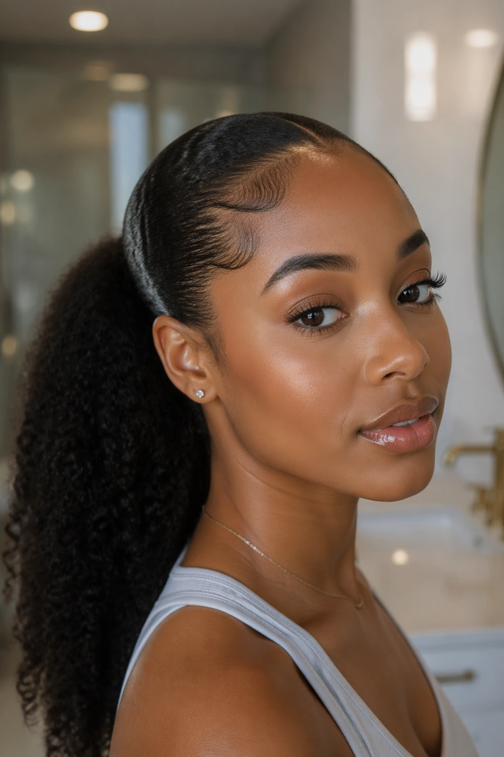 Portrait of a person with a sleek ponytail and smooth edges.