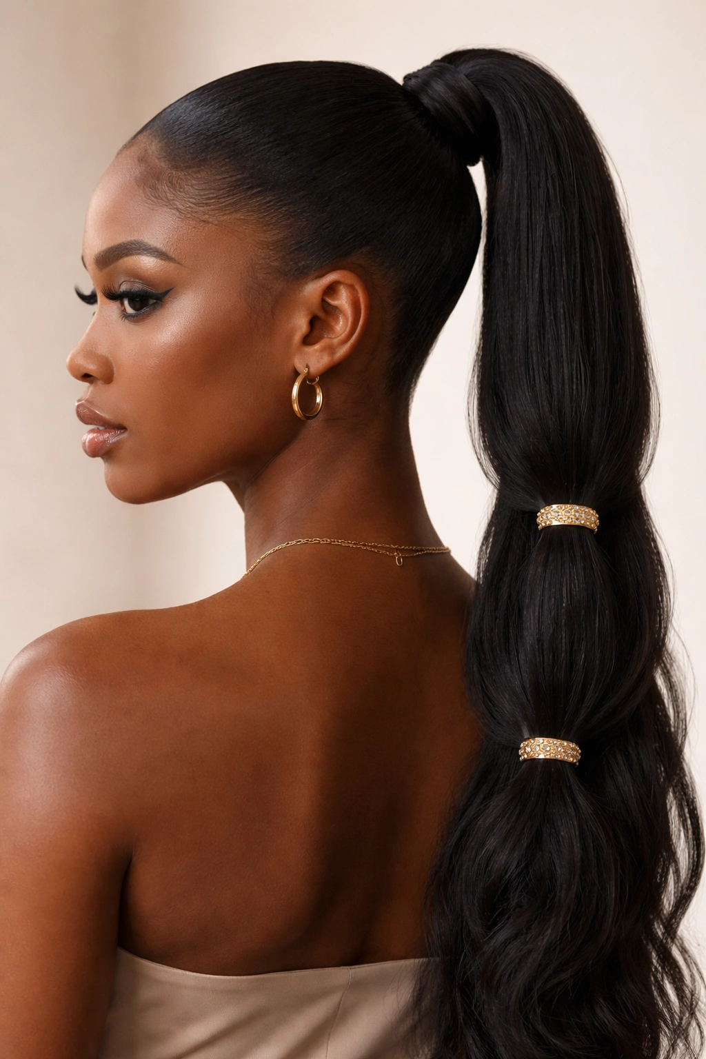 Sleek ponytail with minimal jeweled accessories