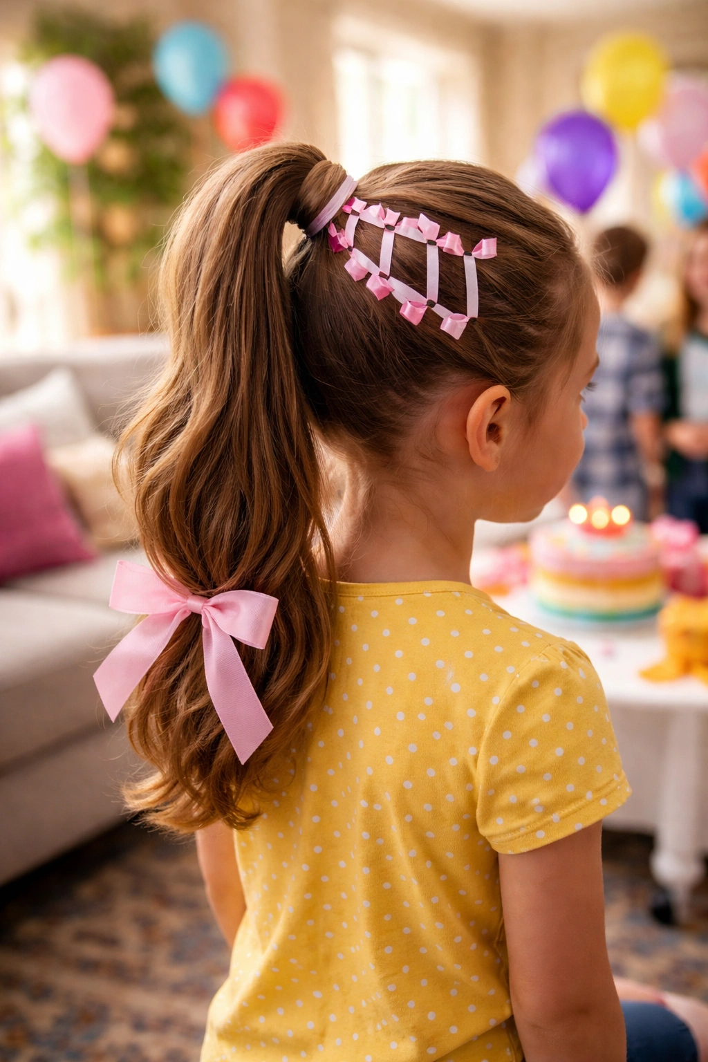 Child with ribbon woven ponytail at a birthday party in a living room.