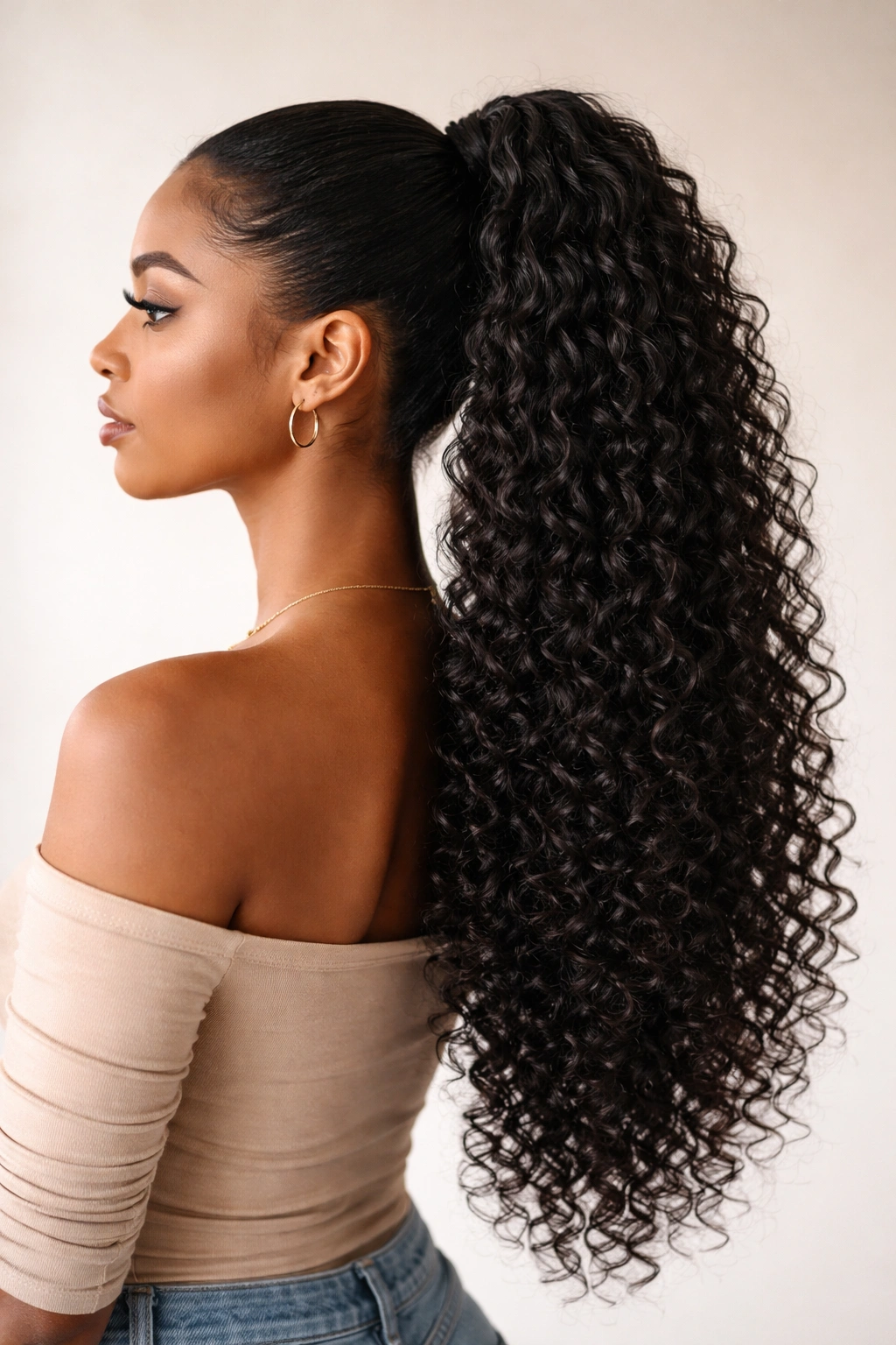 Long curly ponytail length to balance face shape