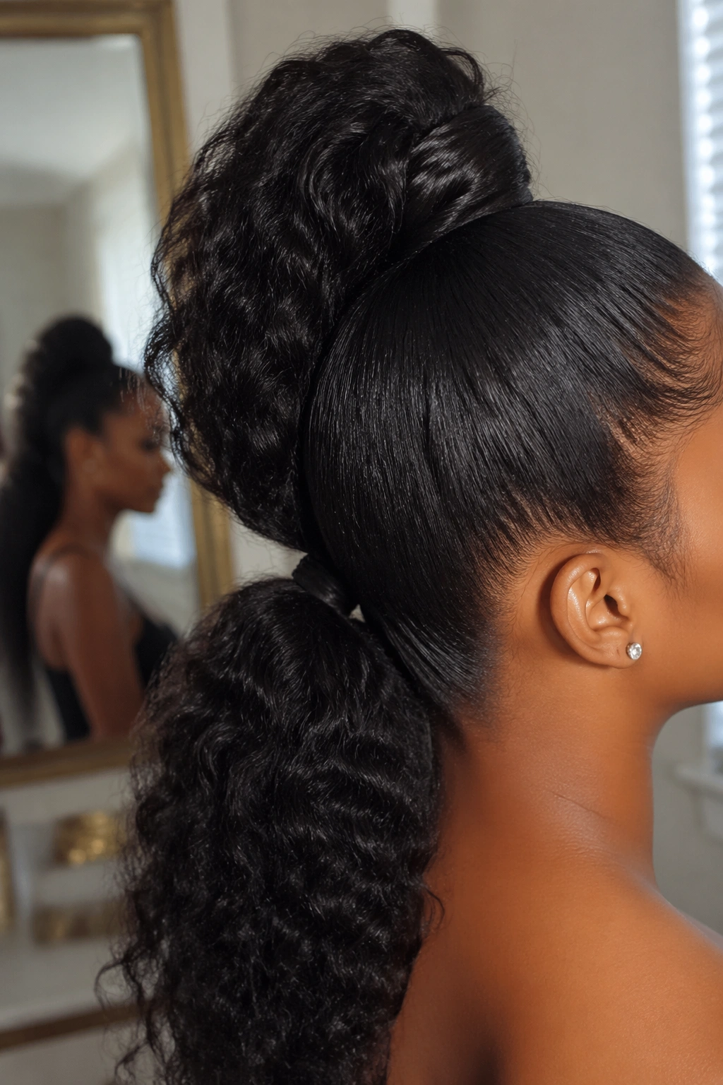 Close-up of stacked double ponytails showing lift and texture.