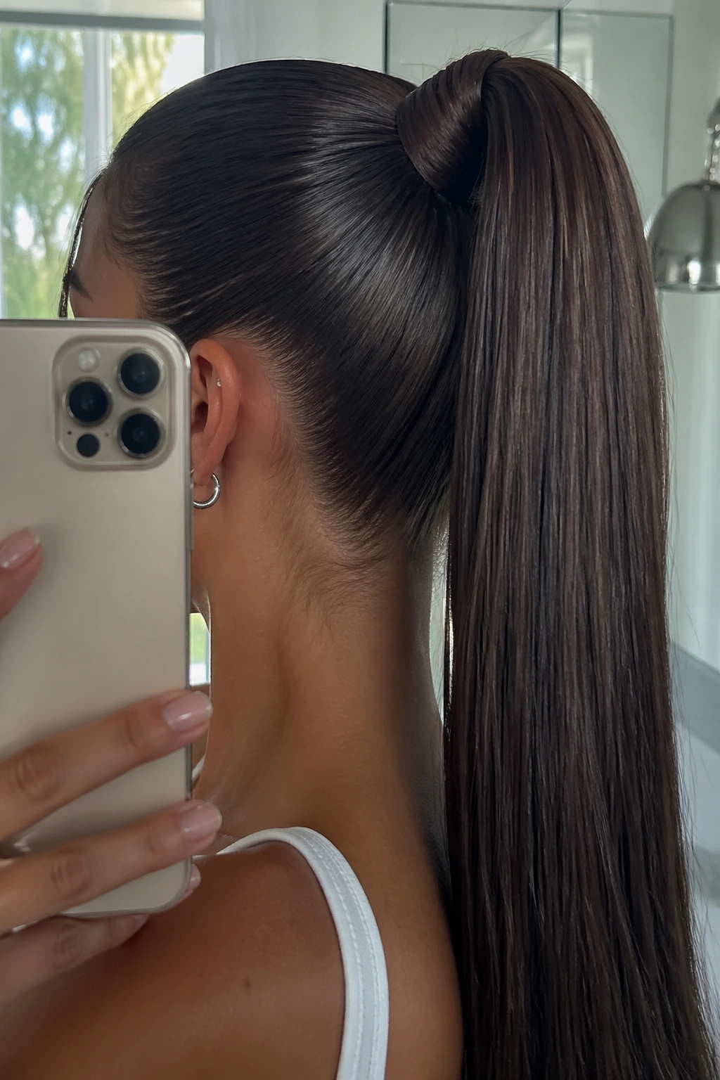 Close-up sleek high ponytail with glassy finish in bathroom mirror
