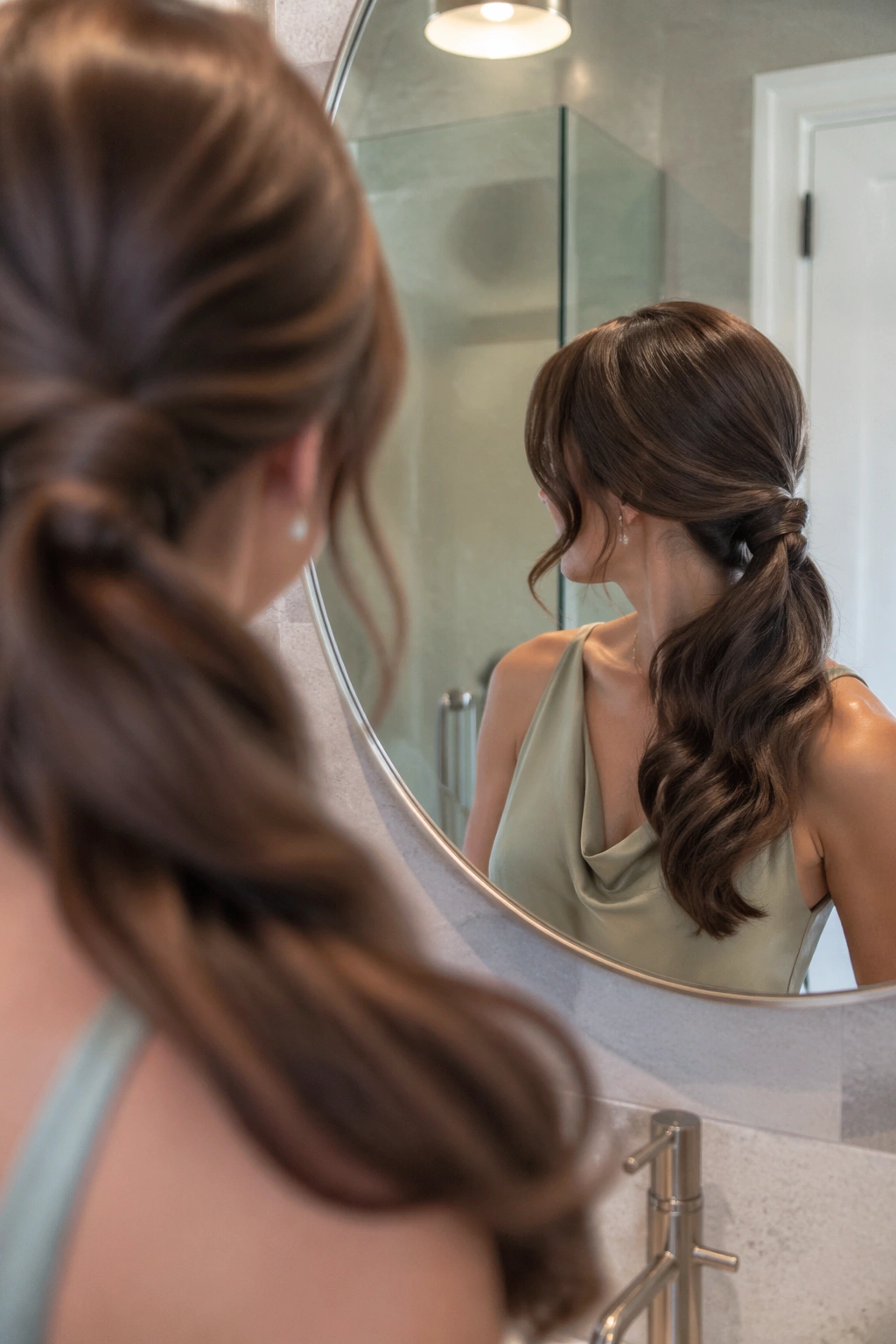 Over-the-shoulder view of a matte-textured side ponytail in a bathroom mirror.