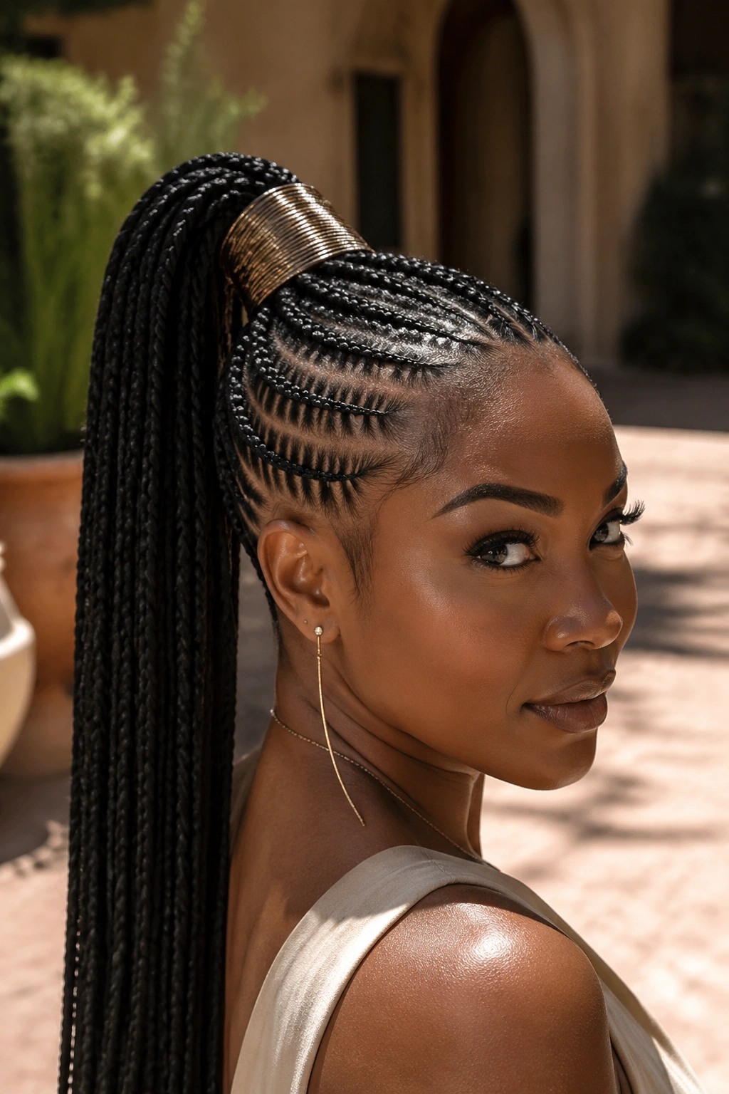 Close-up of a woman with a long ponytail mohawk and wrapped base