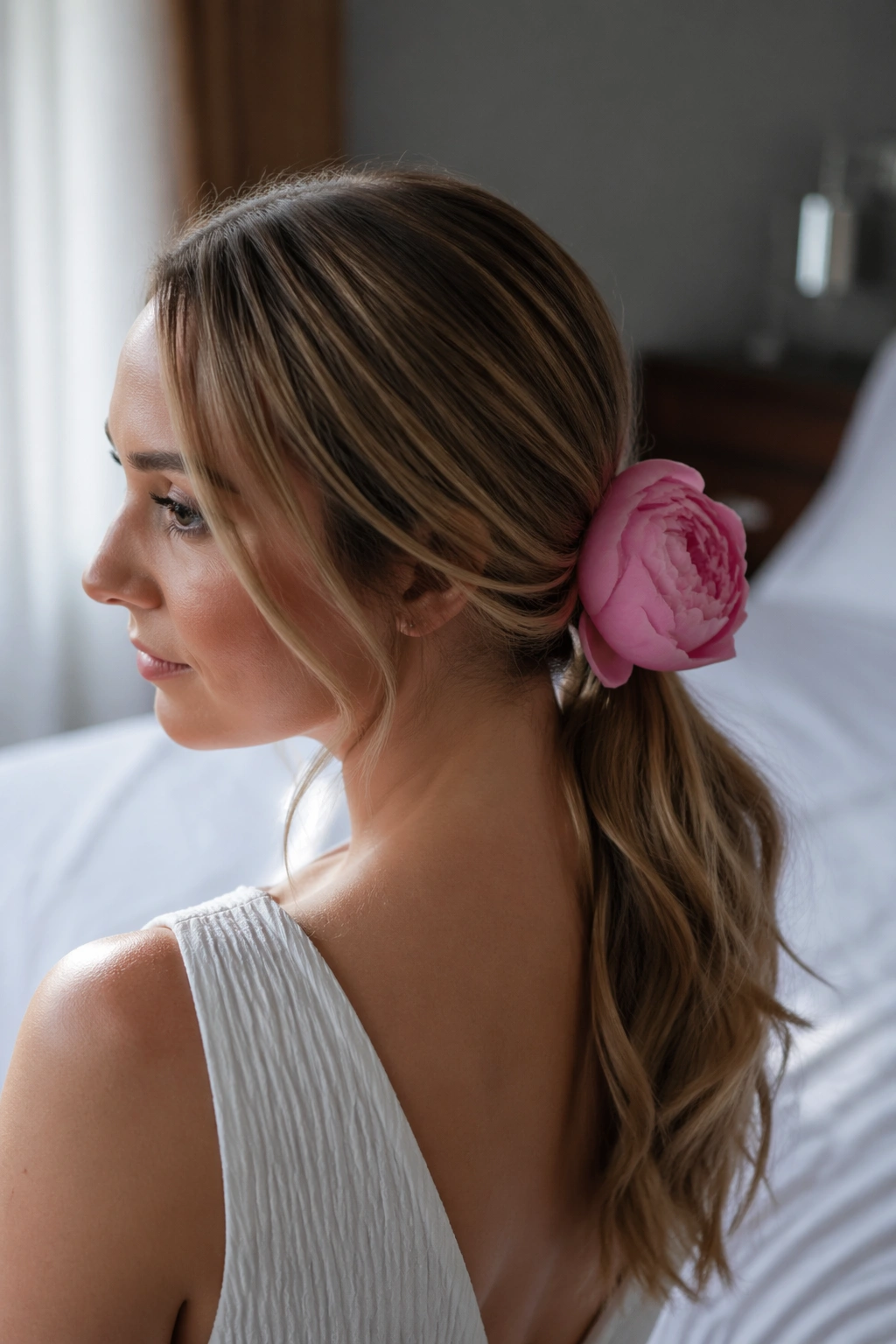 Close-up of wrapped ponytail with a peony bloom at the base on a real person, warm natural light.