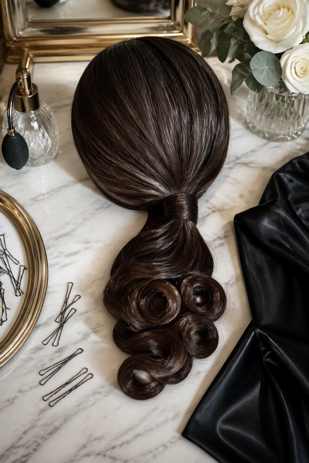 Overhead flat-lay of a black-tie ponytail with pin curls at the ends.