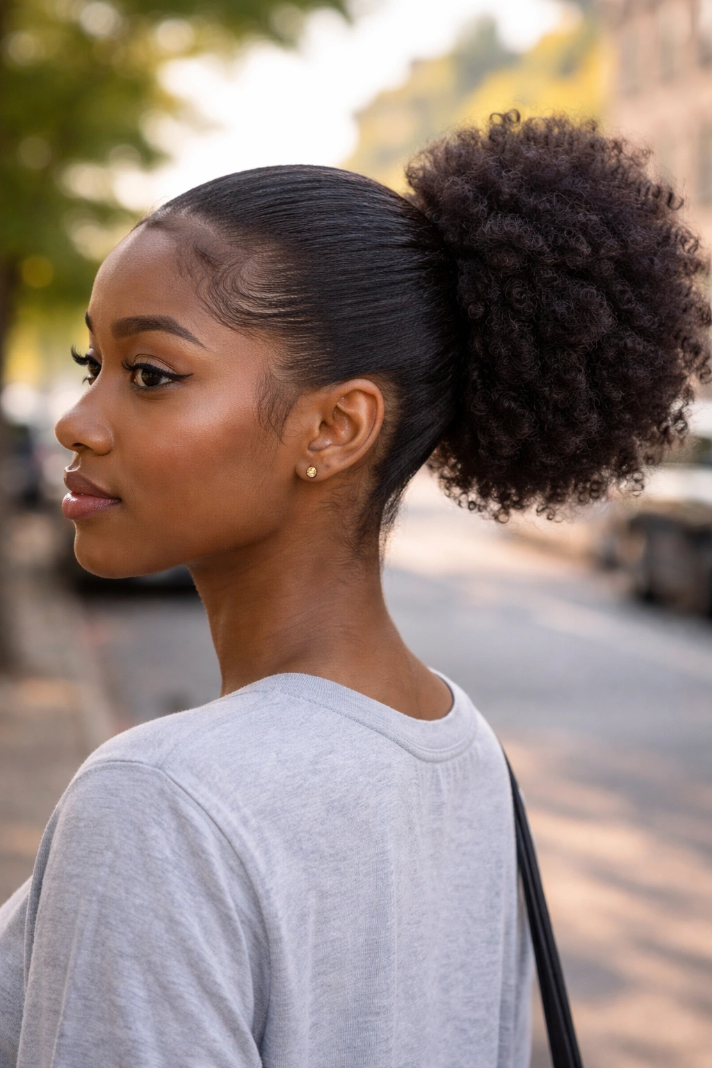 Real woman with a ponytail-puff hybrid hairstyle