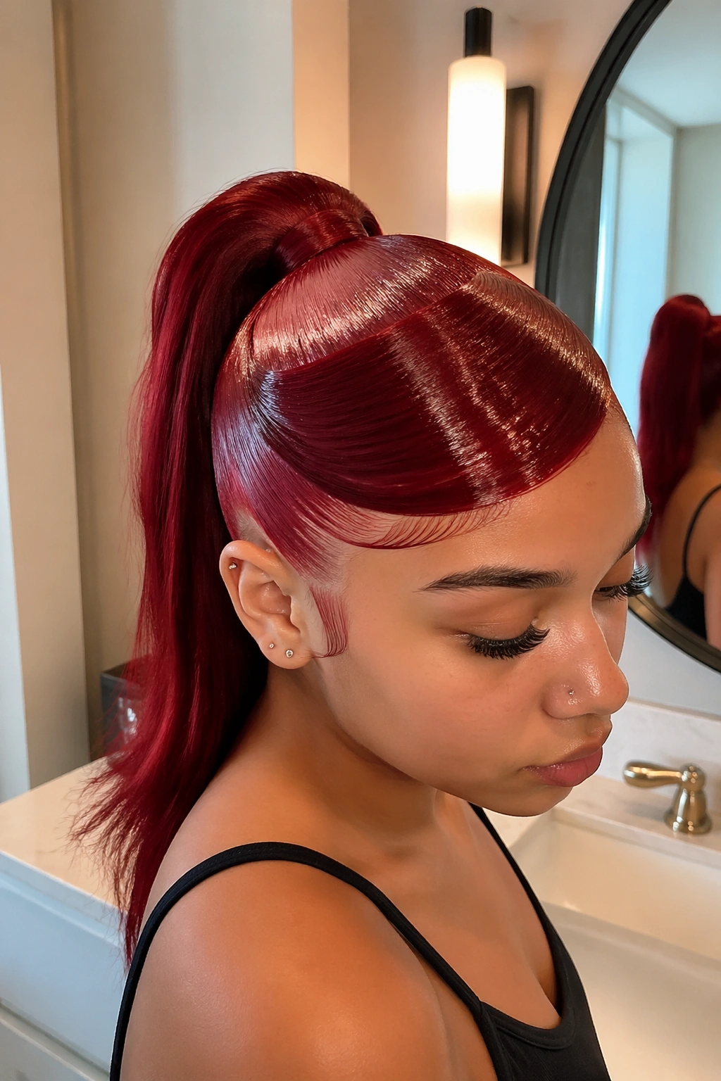 Close-up ruby slick-back swoop ponytail with gloss