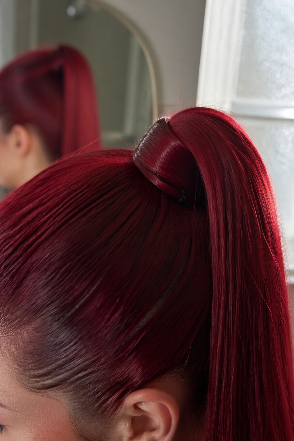 Close-up of cherry red sleek high ponytail focusing on crown wrap and pins.