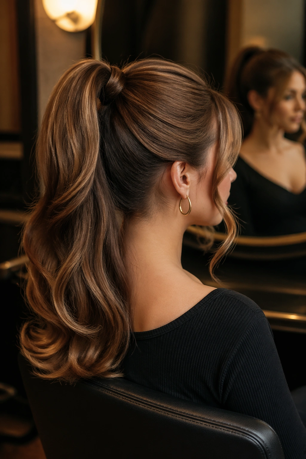 Close-up of Retro High Ponytail With Flip focusing on crown lift and flipped ends.