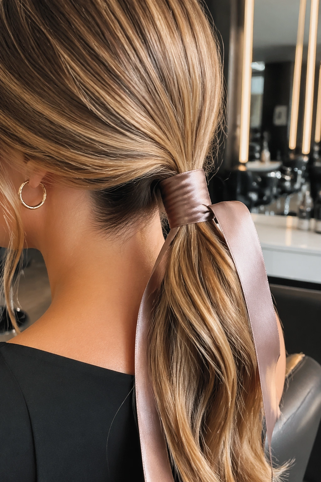 Close-up ribbon-wrapped side ponytail in a salon