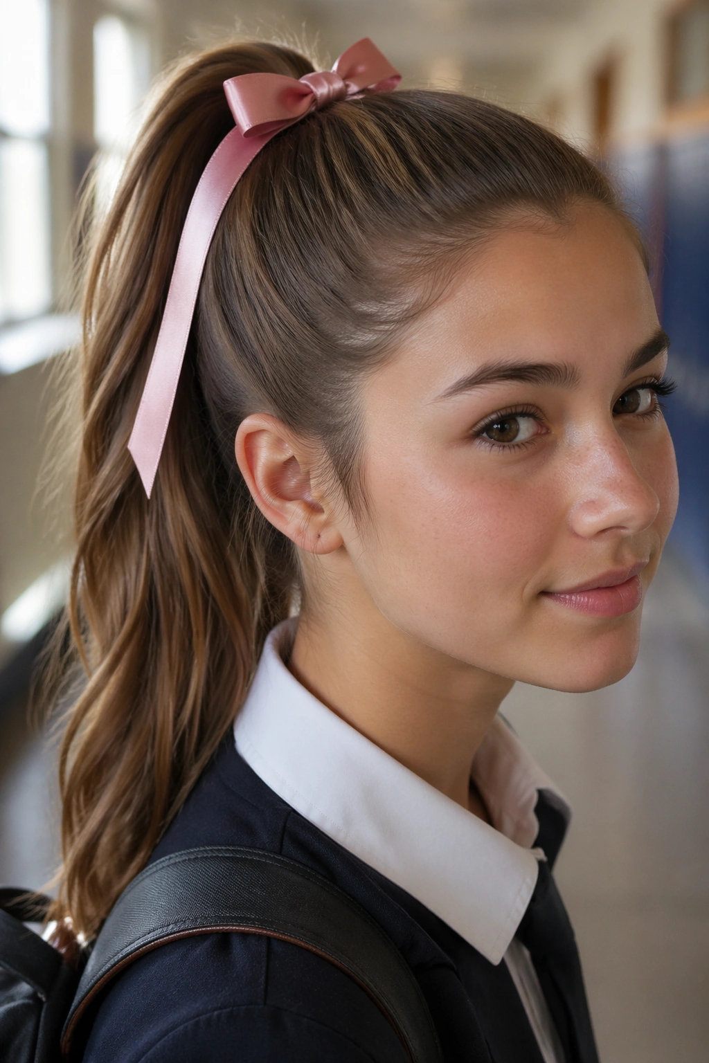 Close-up of a real teen girl with a satin ribbon-wrapped high ponytail in a school hallway