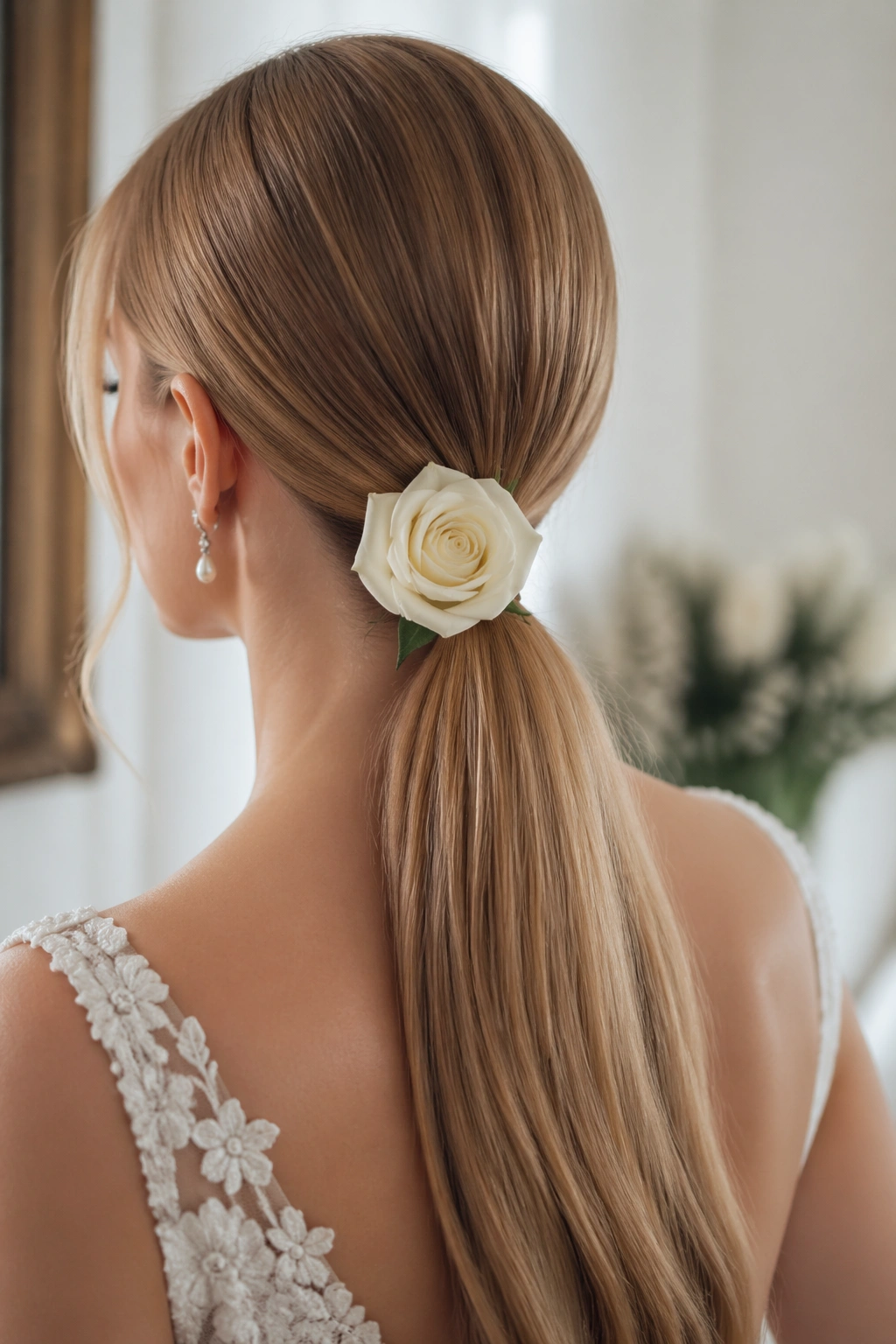 Close-up of a real person with a sleek low ponytail and a single white rose at the base in a bridal dressing-room setting.