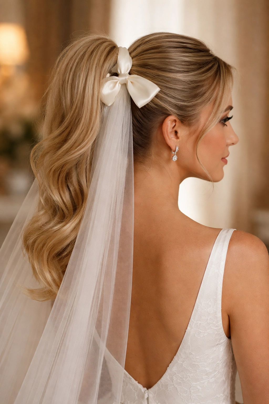 Close-up of a bride's high ponytail with a satin bow and veil placement