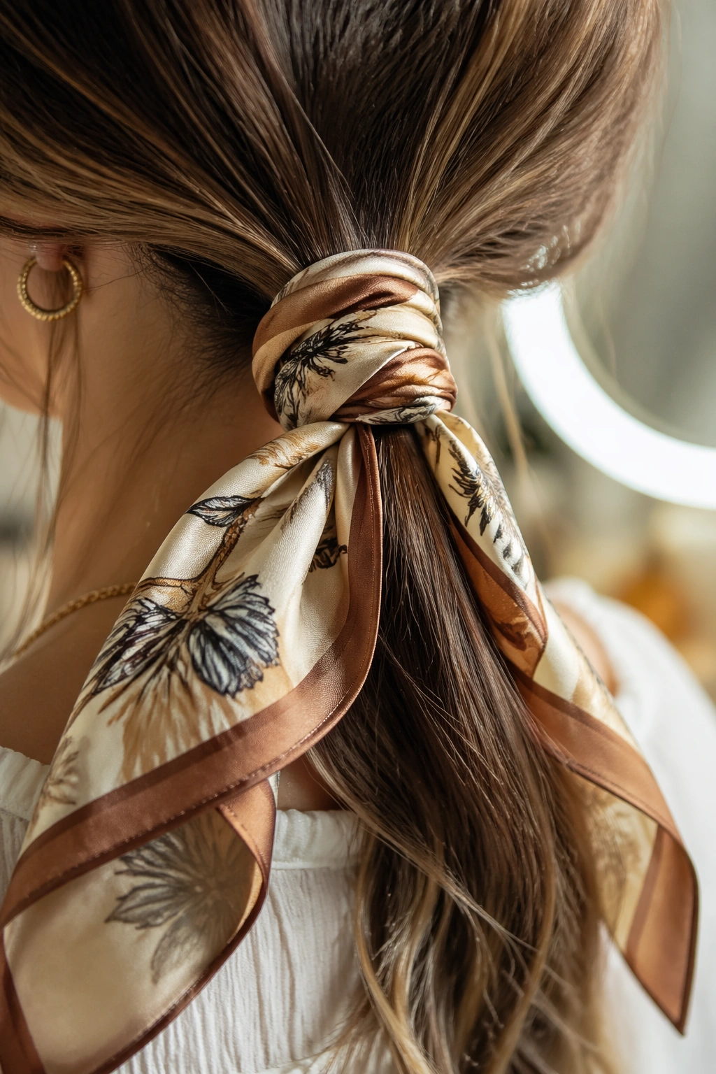 Close-up of a low ponytail with scarf tied at the nape.