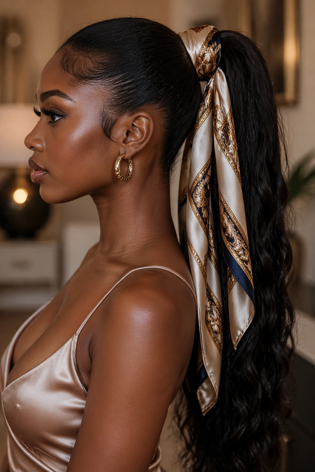 Close-up of a woman with a ponytail wrapped with a satin scarf at the base.