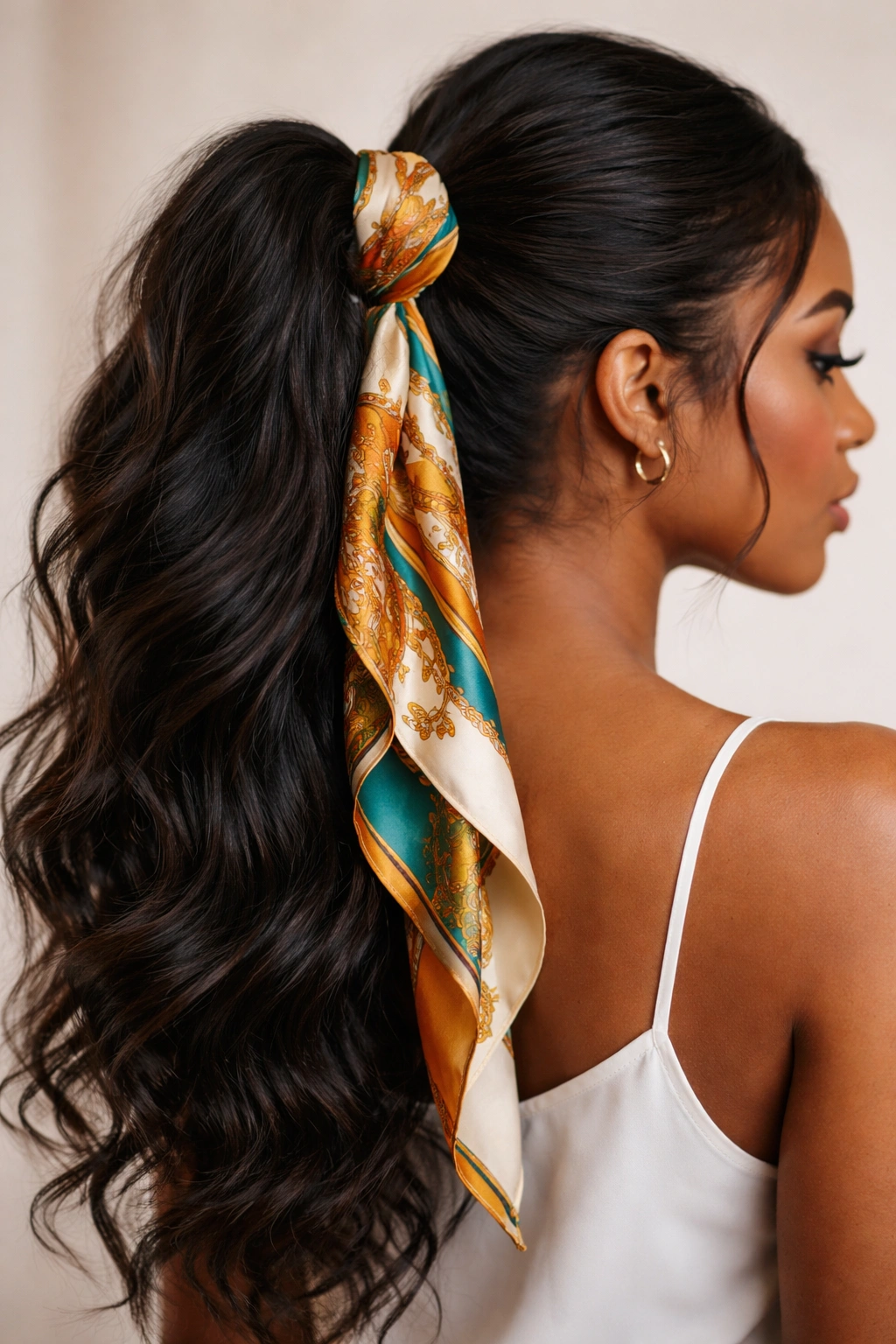 Ponytail with a silk scarf tied around the base and ends trailing