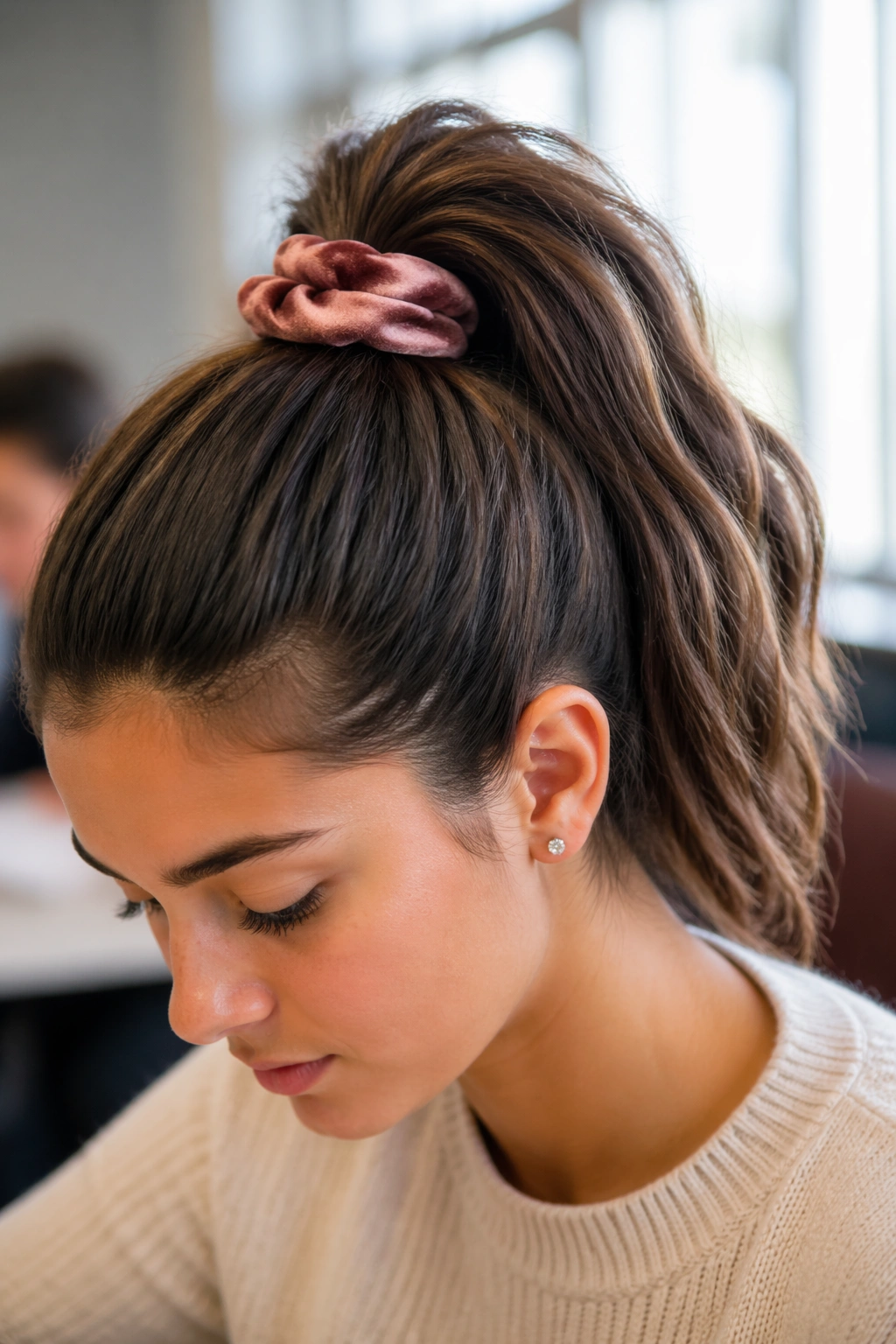 Close-up of real girl with velvet scrunchie puff high ponytail in a classroom