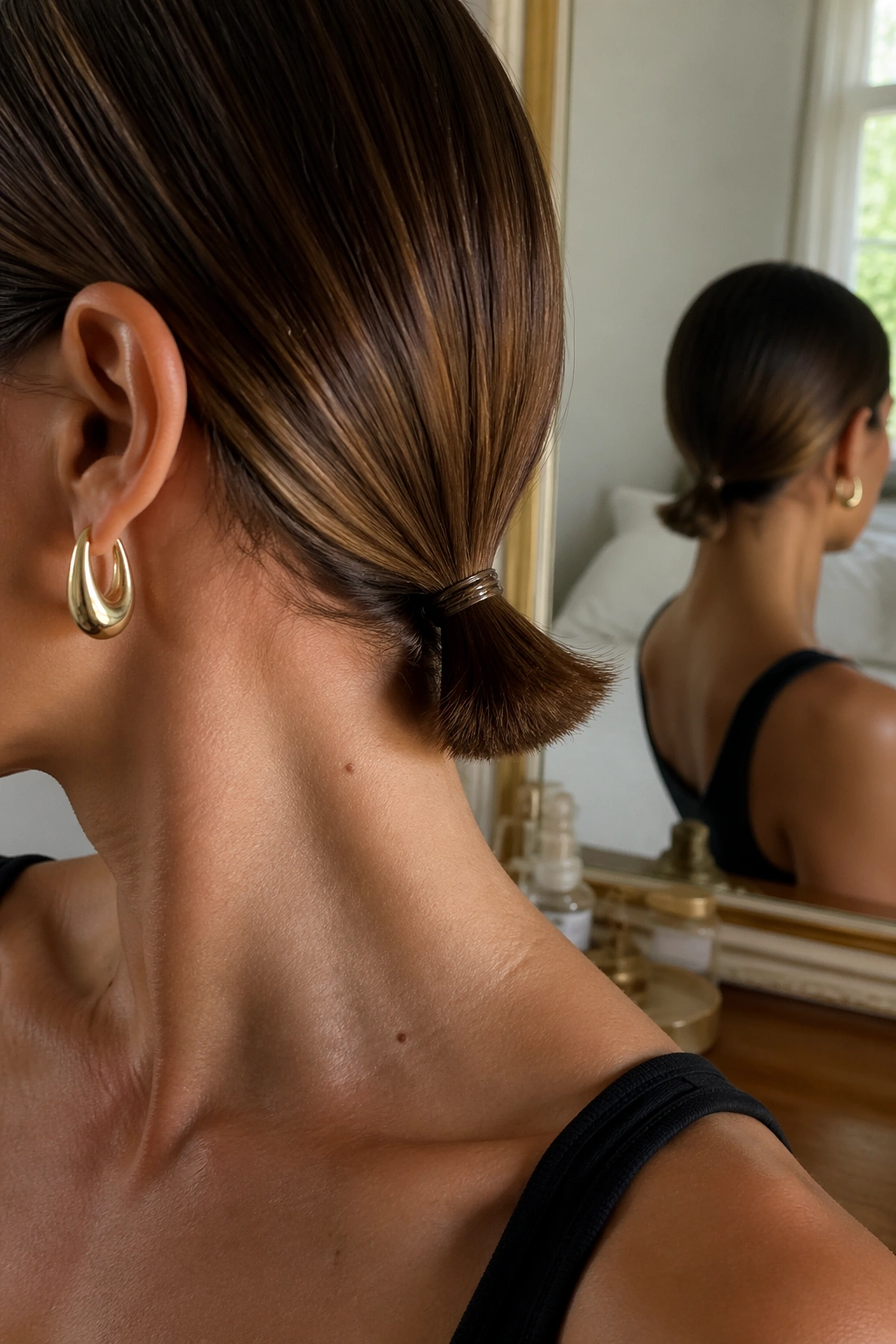 Close-up of sleek mini ponytail at nape on jaw-length bob