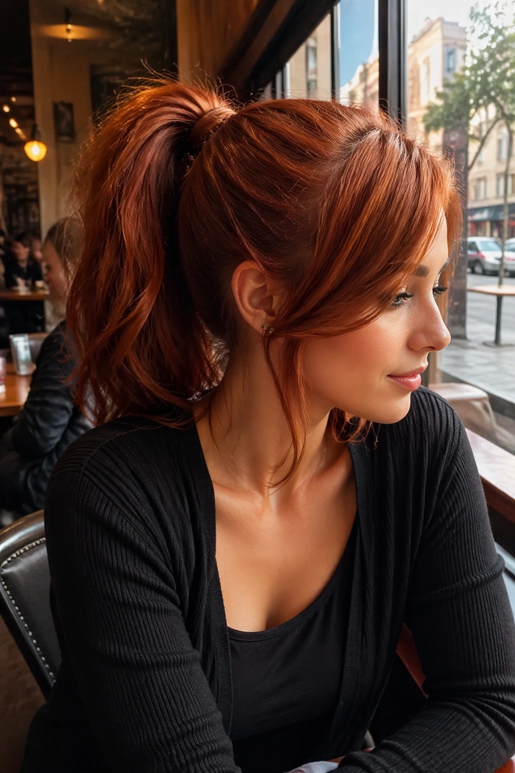Auburn high ponytail viewed from the side with a soft swoop in a cafe setting.