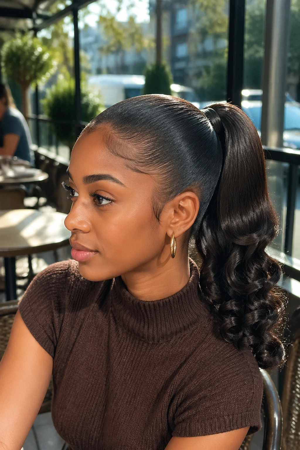 Real woman with a silk-pressed ponytail and curled tail.