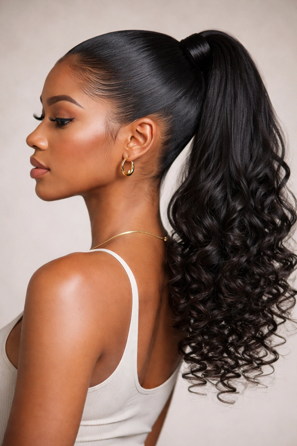 Ponytail with sleek roots and curly ends