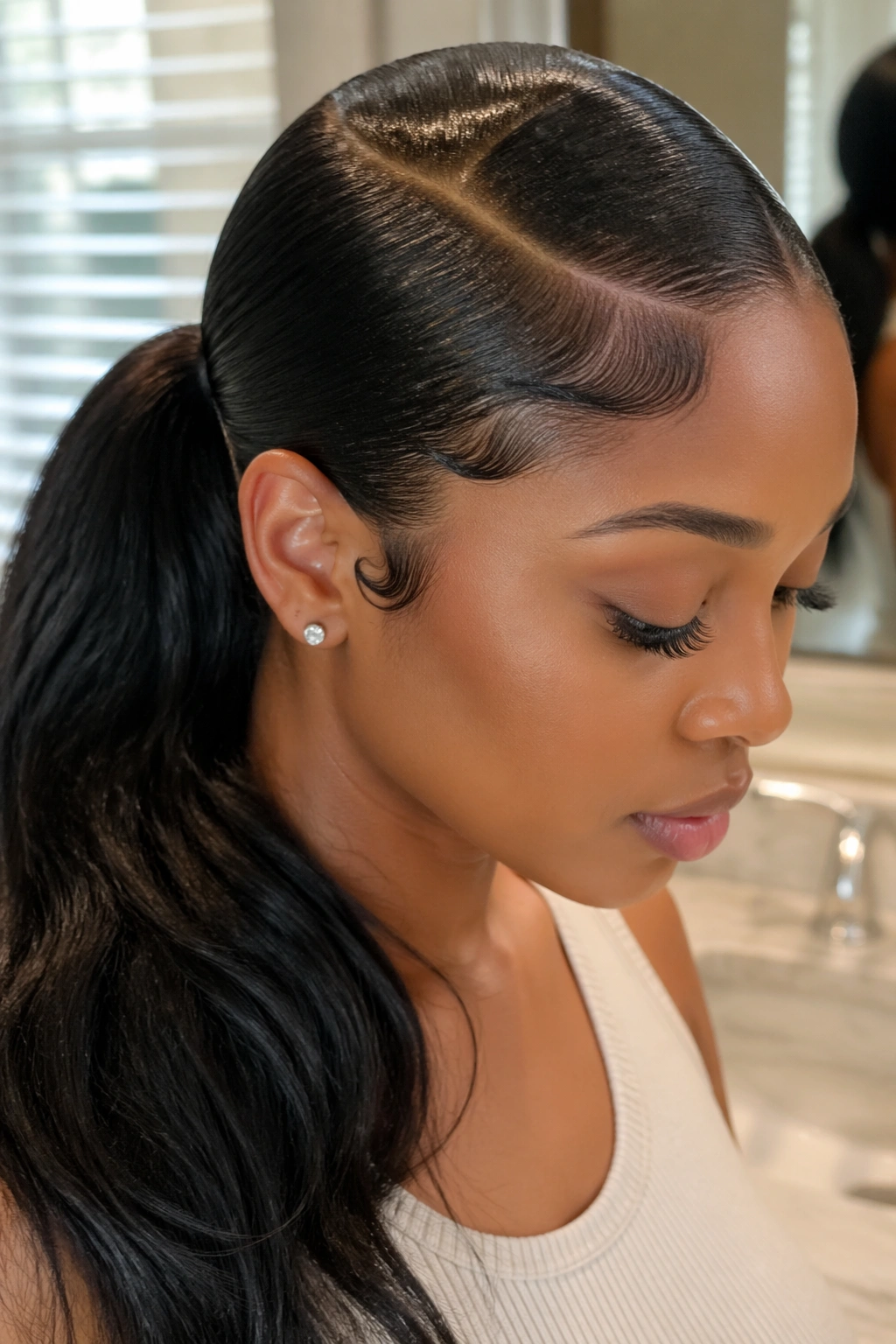 Sleek low side part ponytail close-up in bathroom mirror.