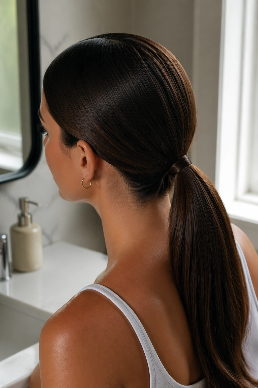 Sleek low middle part ponytail close-up at nape