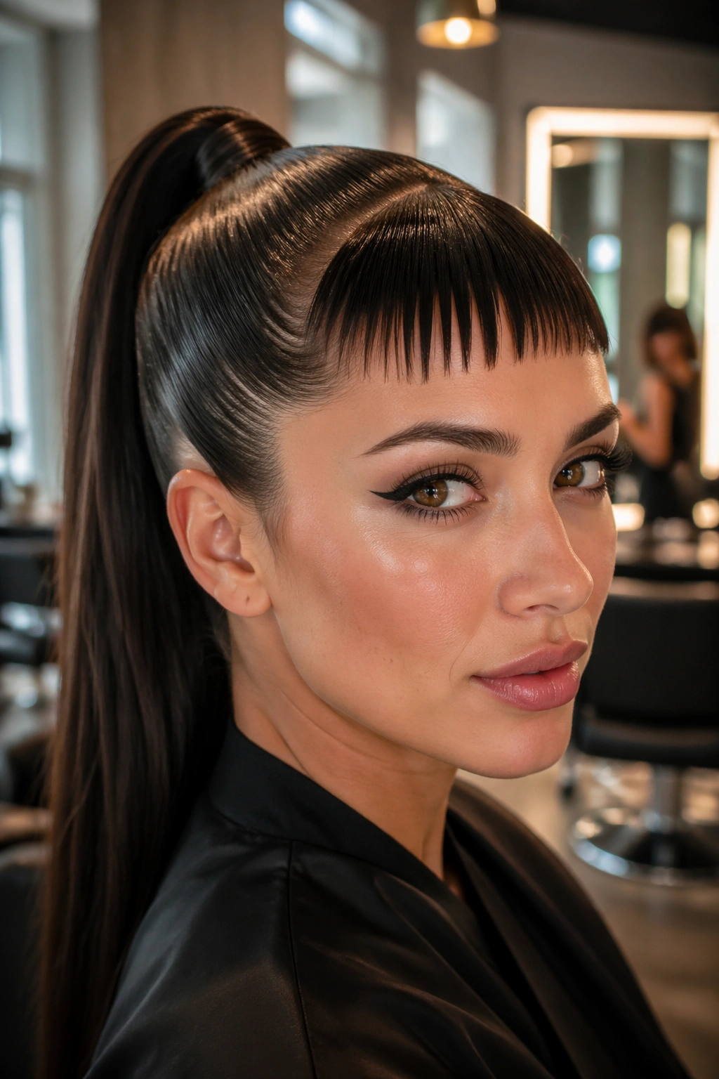 Close-up of a real woman with a high sleek ponytail and micro bangs in a salon setting
