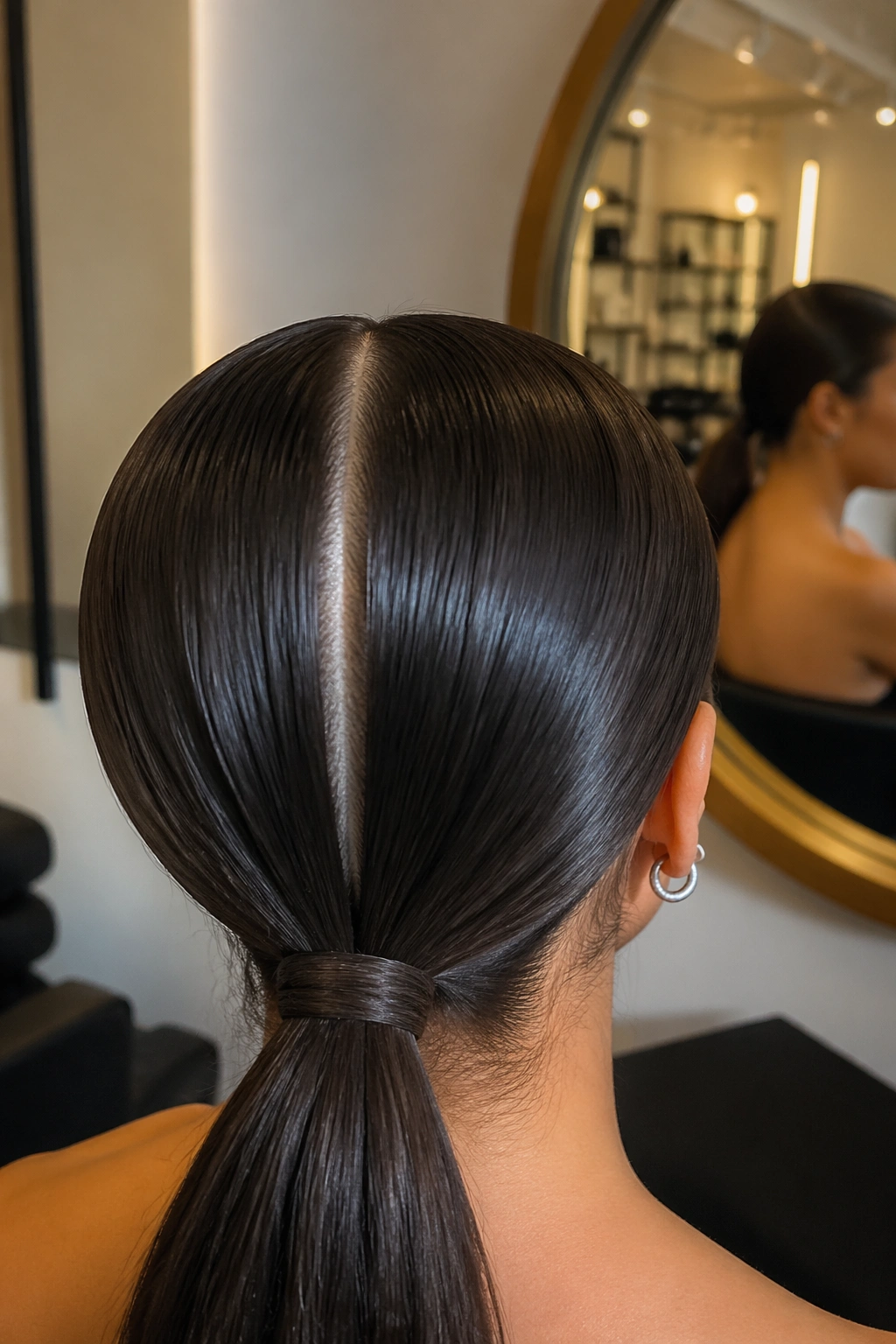 Close-up of a sleek, middle-part low ponytail in a salon.
