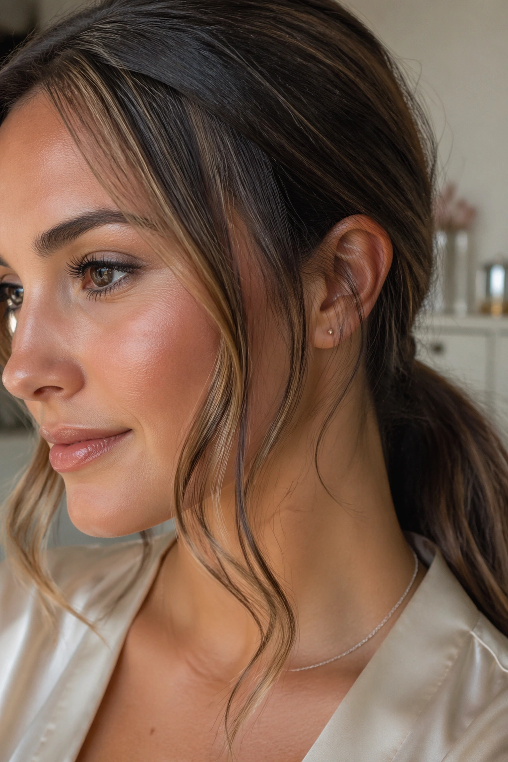 Close-up of tendrils and curtain bangs framing a soft low ponytail.