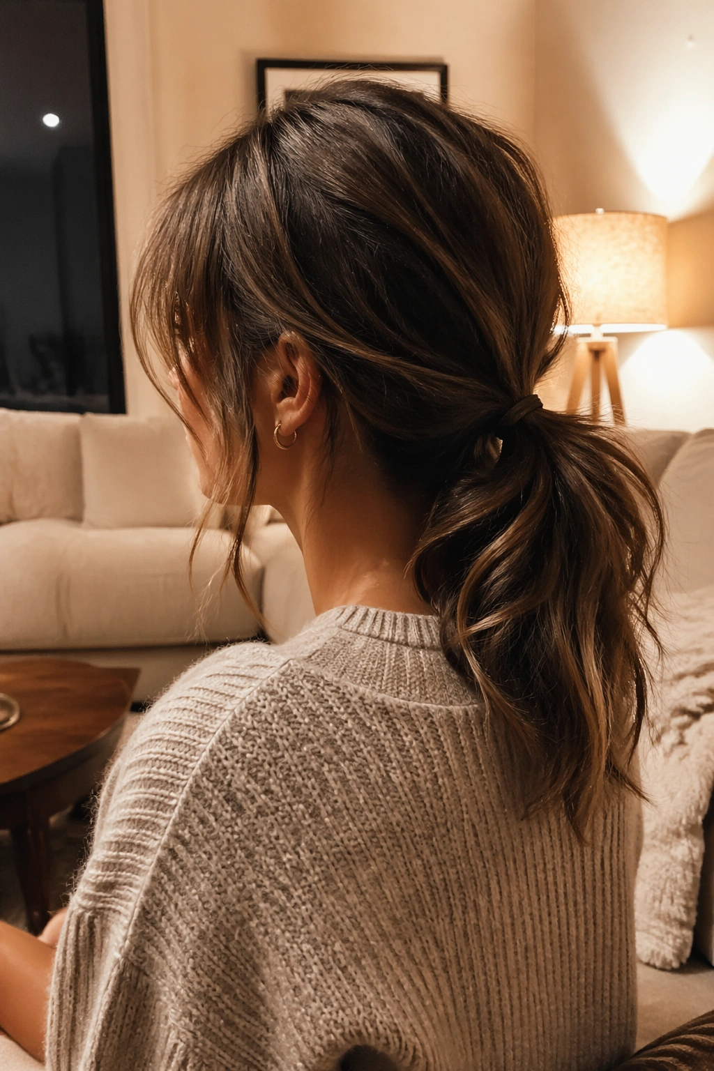 Textured, messy low ponytail with loose bangs.
