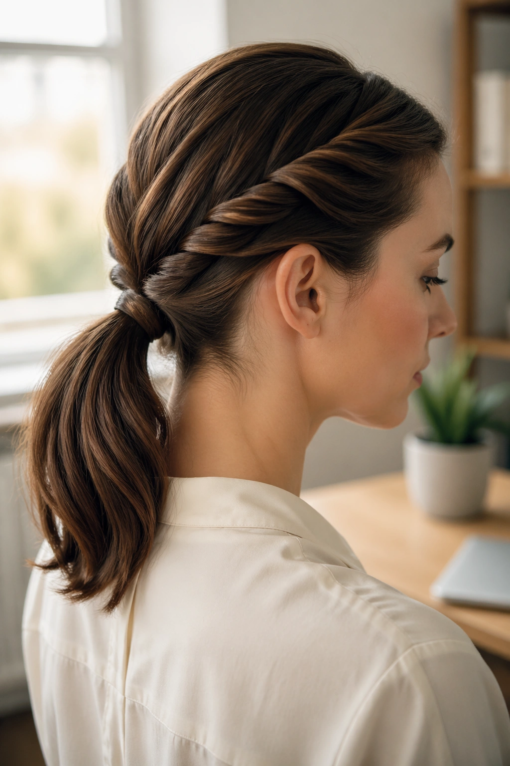 Close-up of a woman with twisted side strands forming a nape ponytail