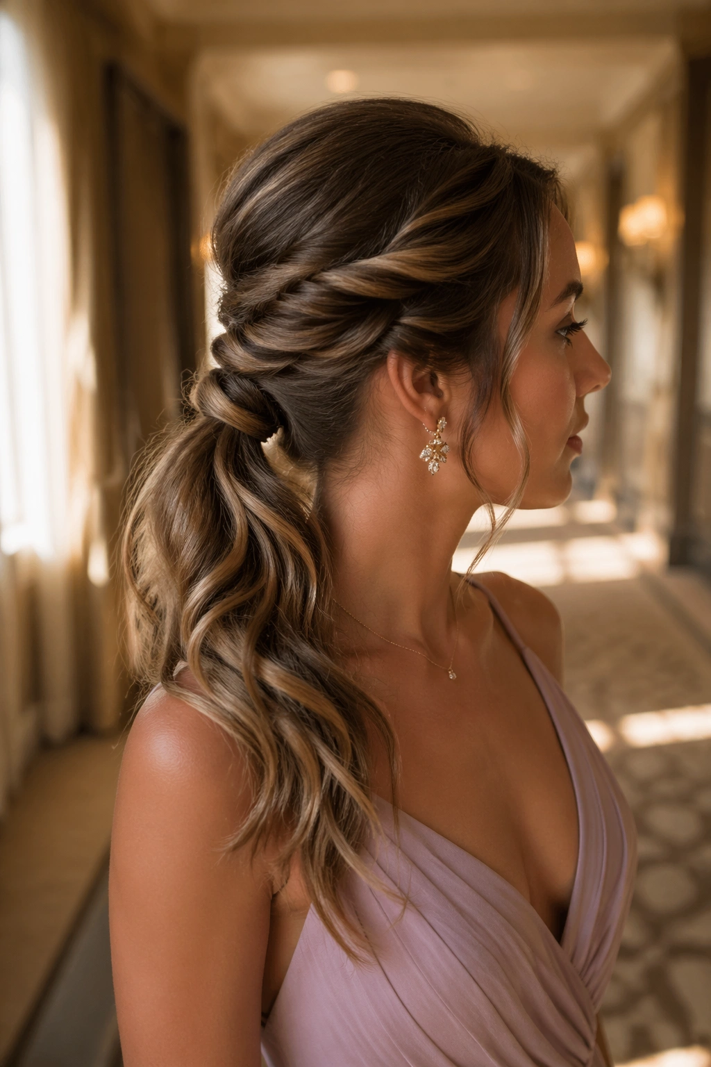 Side-profile of twisted side-swept ponytail