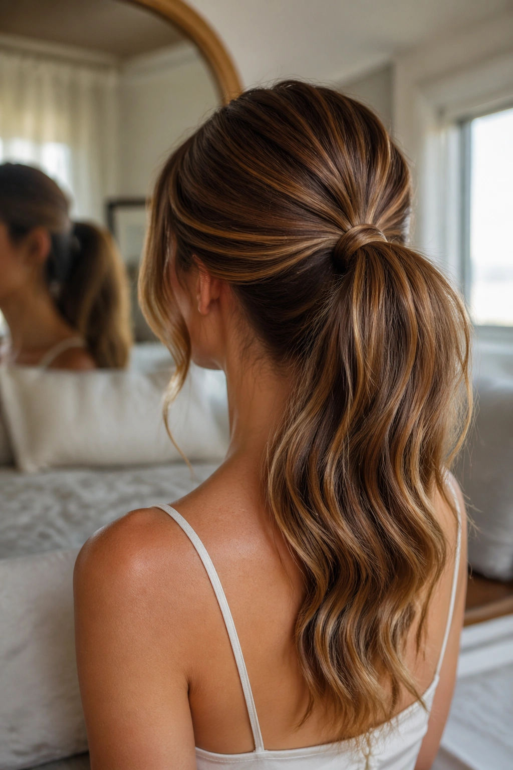 Close-up of mid-height ponytail with soft volume in bedroom mirror