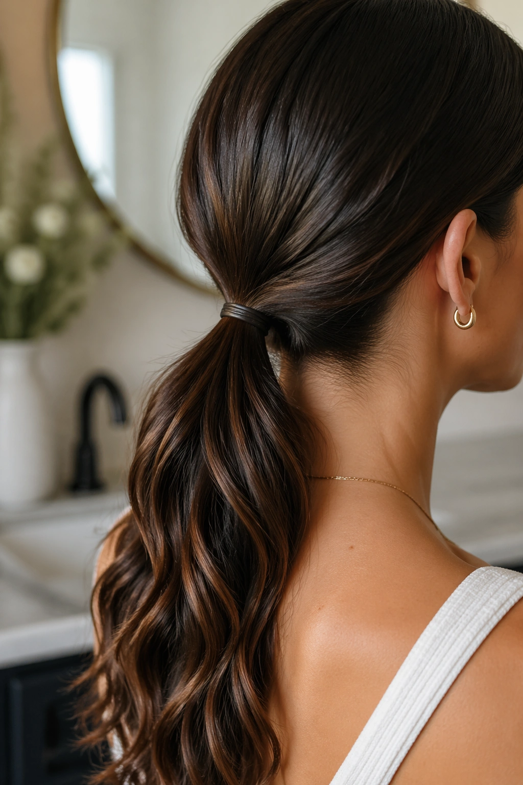 Close-up of sleek low ponytail at nape on long wavy hair.