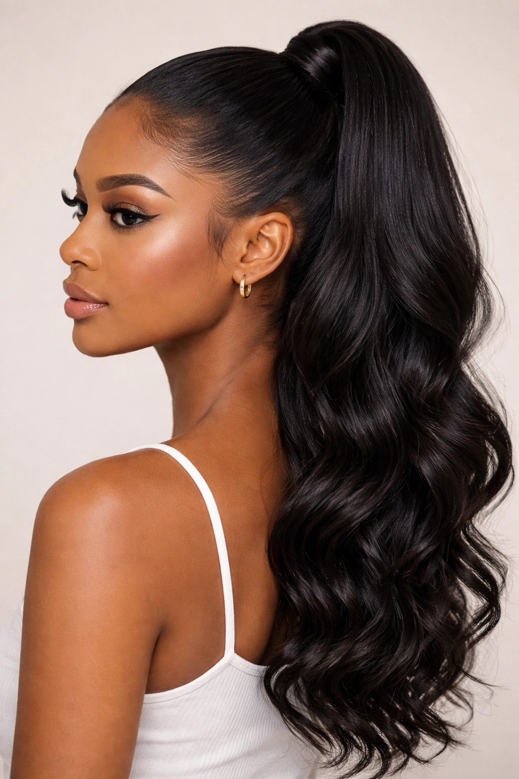 Side-profile of a model with a high sleek pony and loose waves