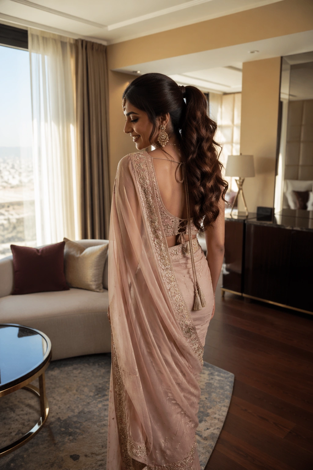 Bride with mid-height ponytail and soft waves in hotel suite