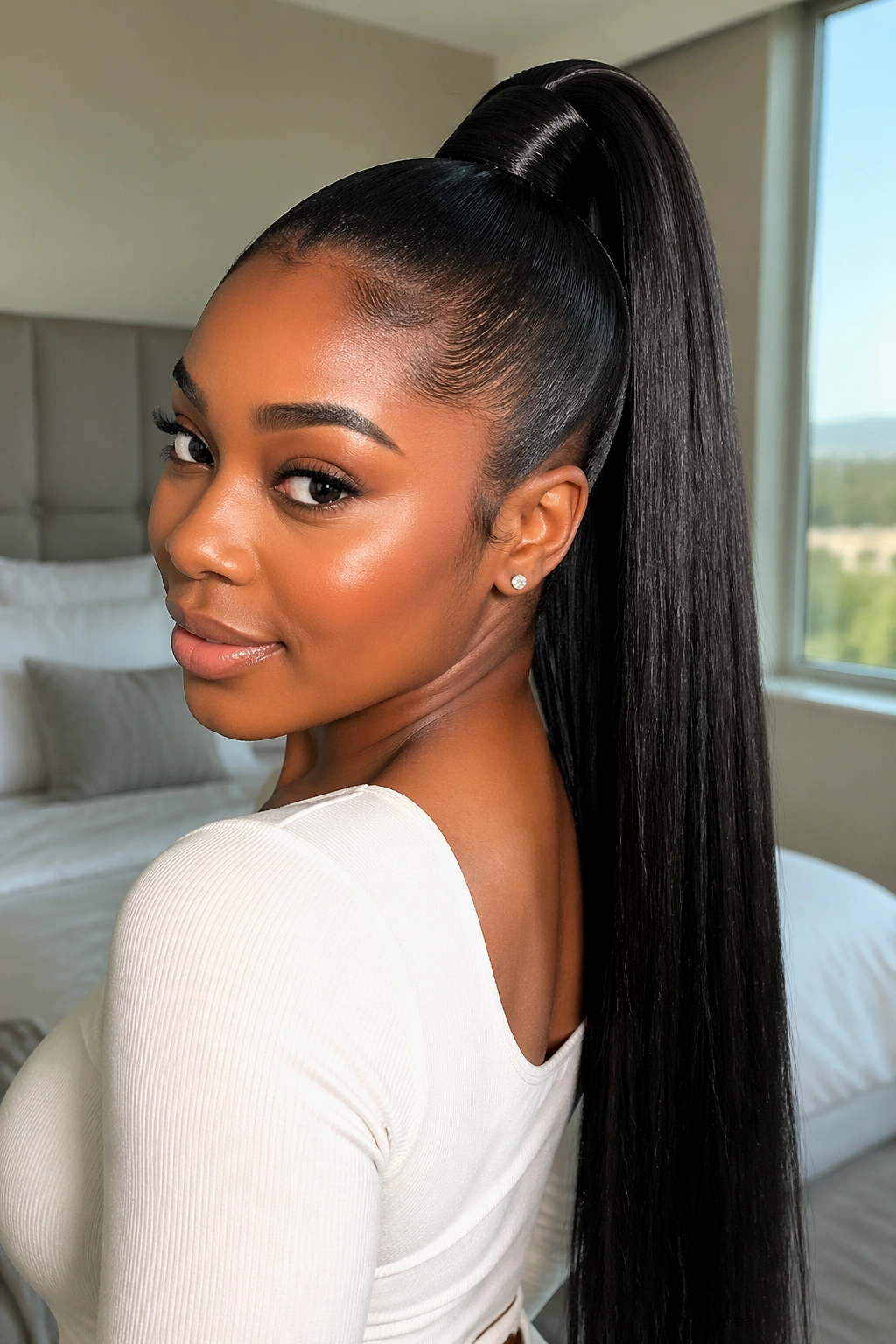 Close-up of a Black woman wearing a sleek high wrap ponytail with bone-straight length