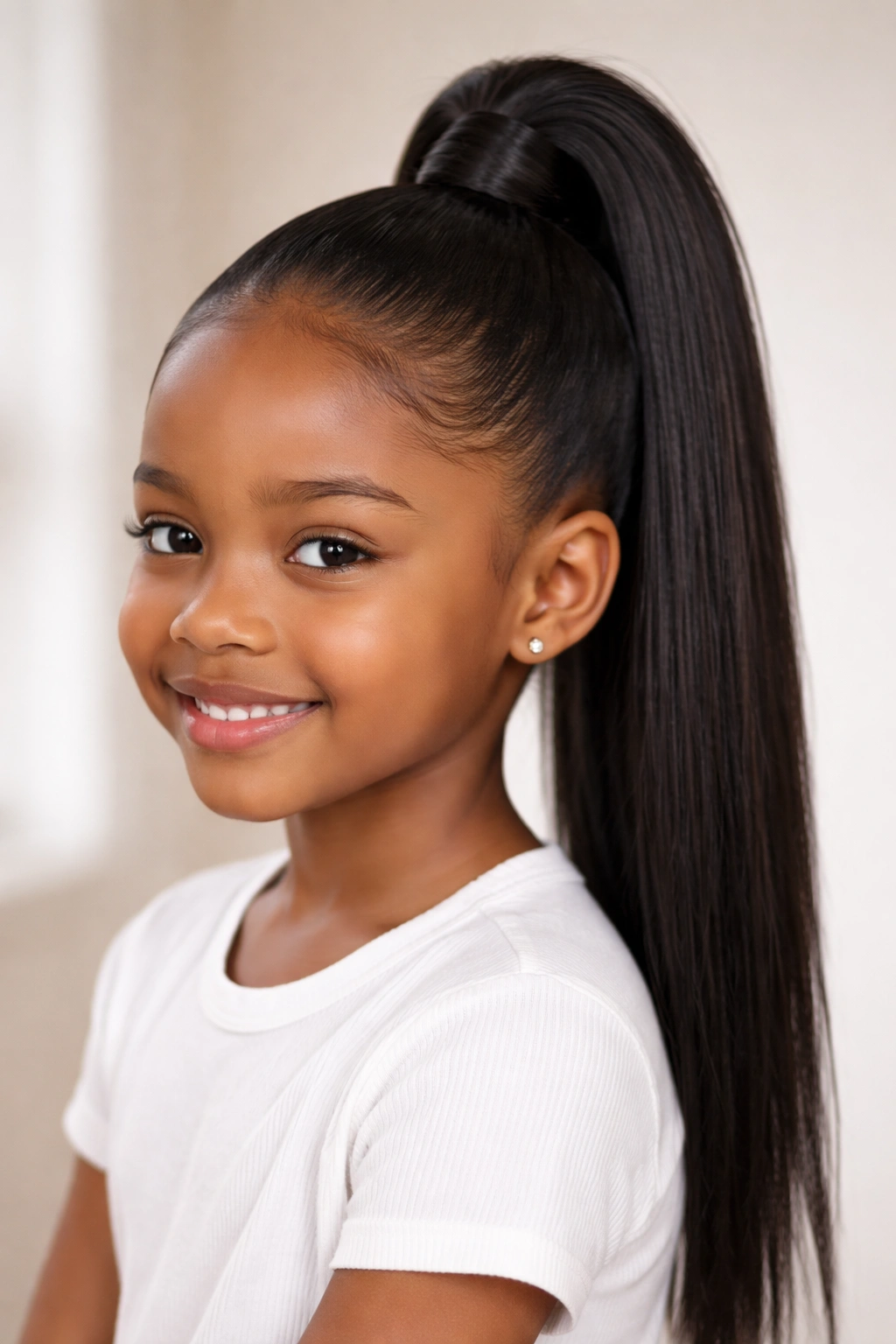 Close-up of a child with a sleek high ponytail and straight weave