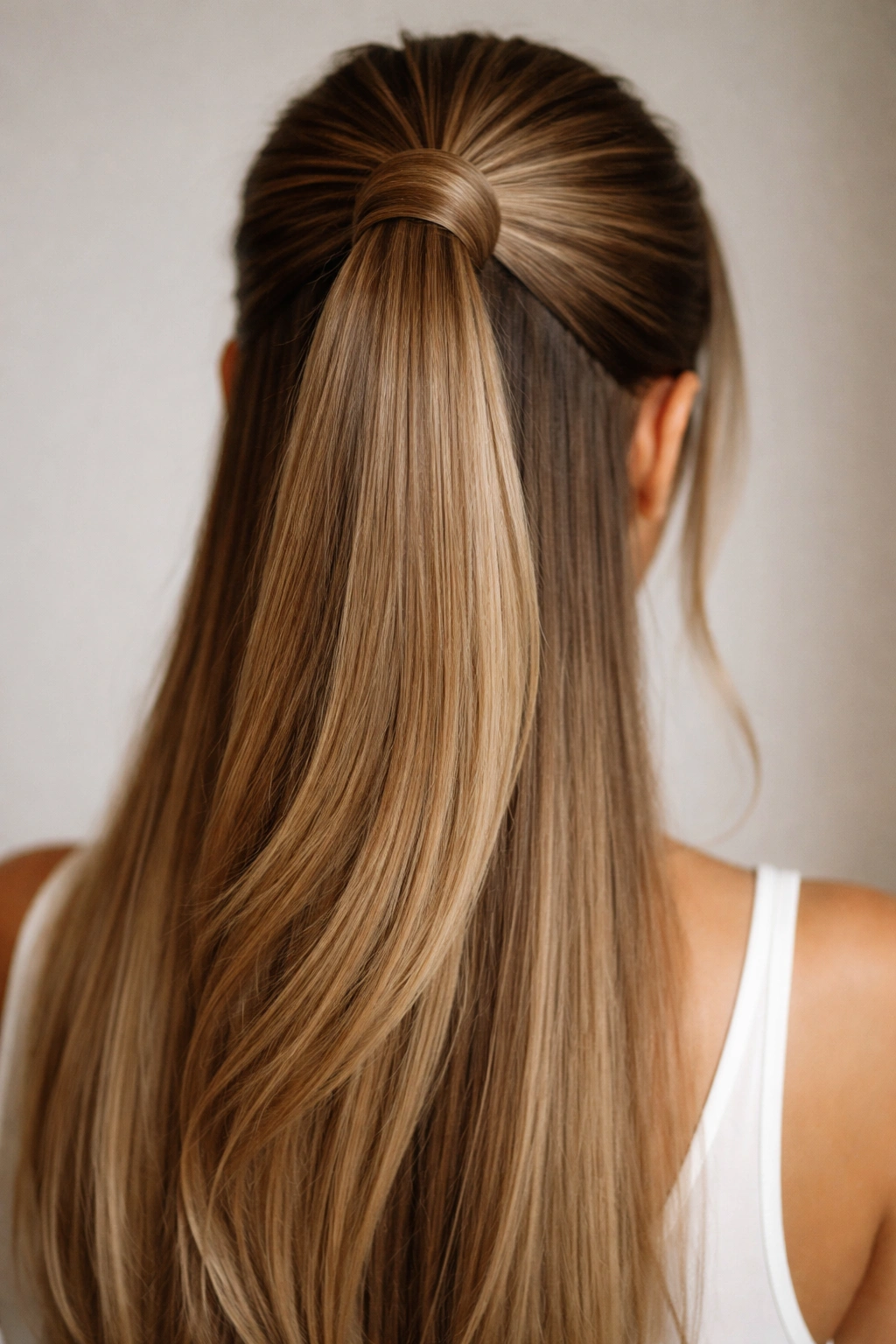 Close-up of half-up ponytail with a hair wrap around the elastic to hide hardware