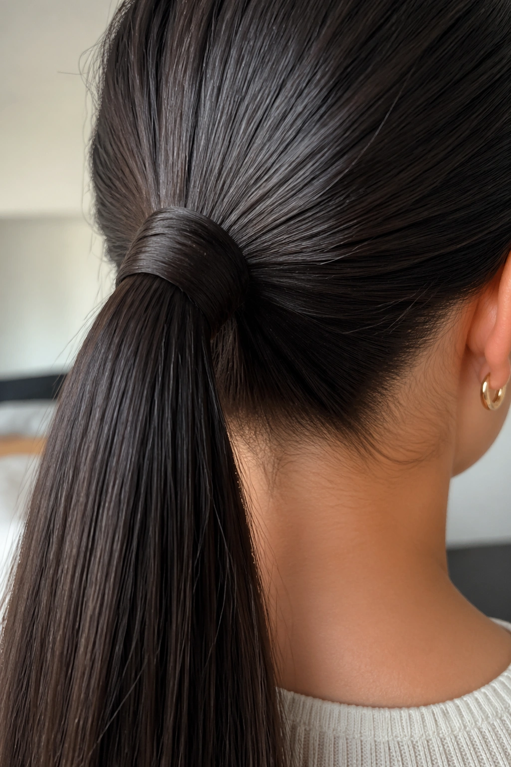 Close-up of Sleek Wrapped Mid Ponytail showing hidden wrap on straight hair