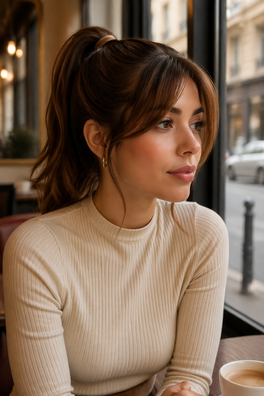 Wrapped ponytail with long arched bangs in cafe window light.