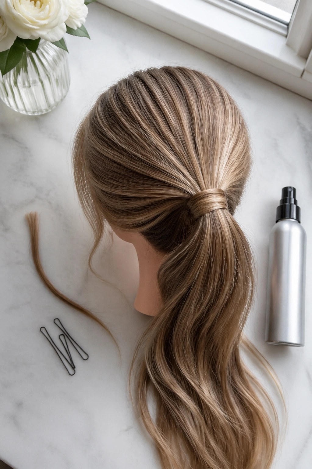 Overhead flat-lay showing wrapped ponytail details and accessories.