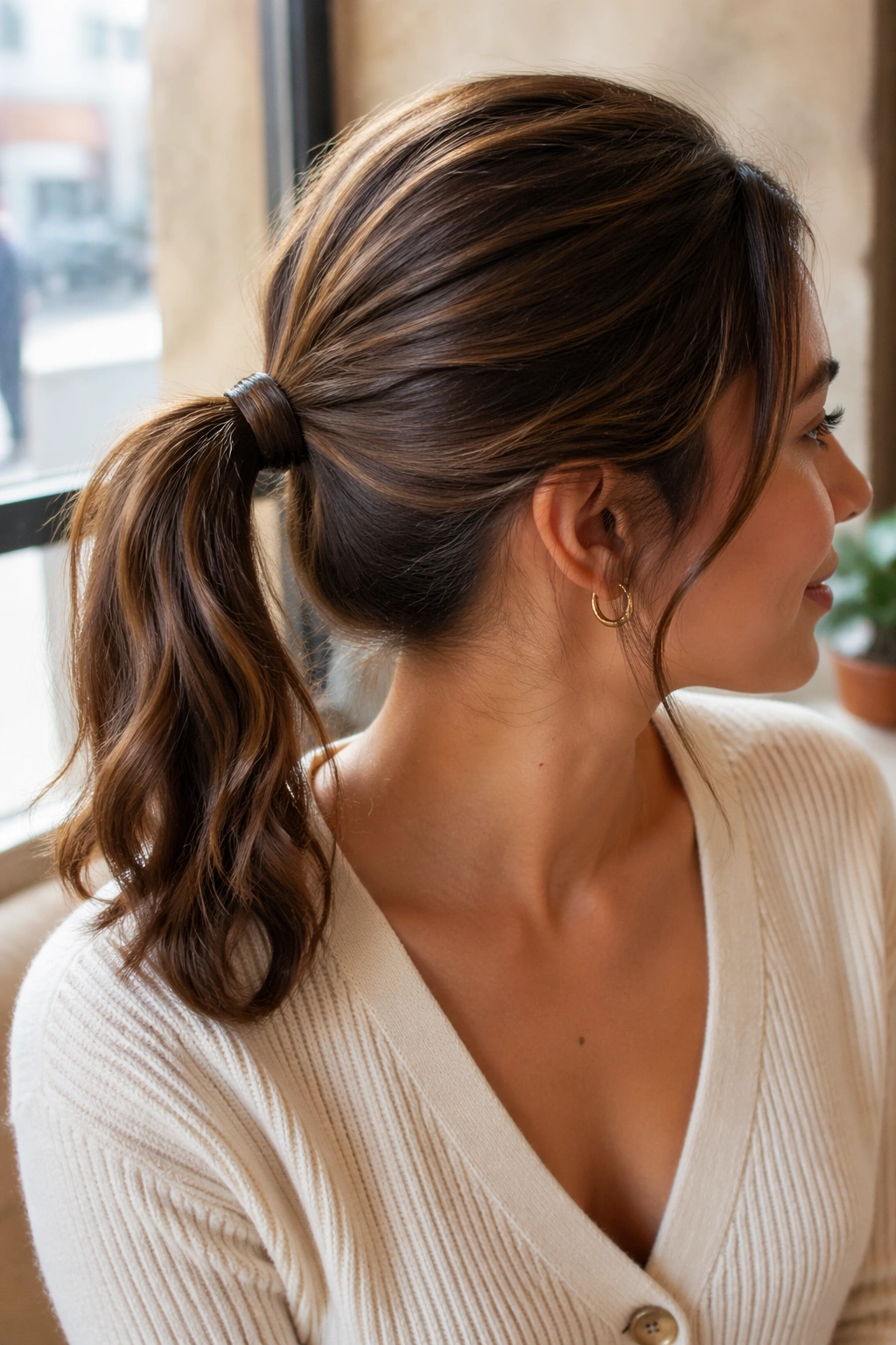 Close-up of a woman with a mid-height wrapped ponytail in soft daylight