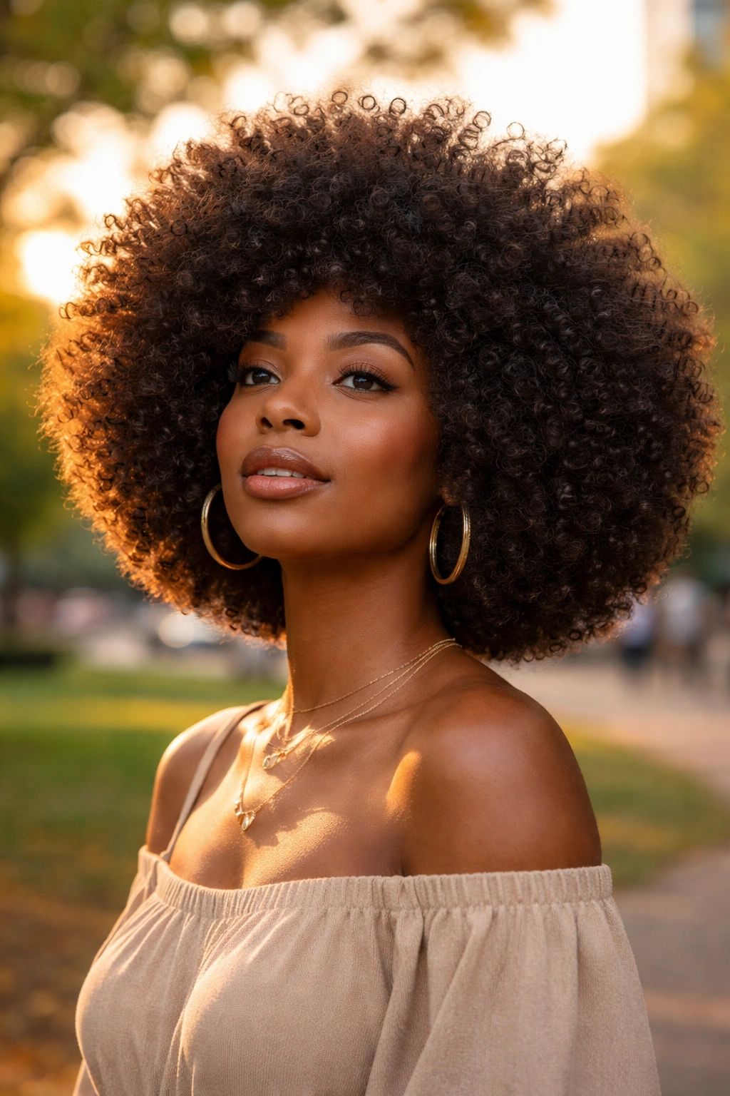 Real person with a high-volume poofy afro bob outdoors at golden hour