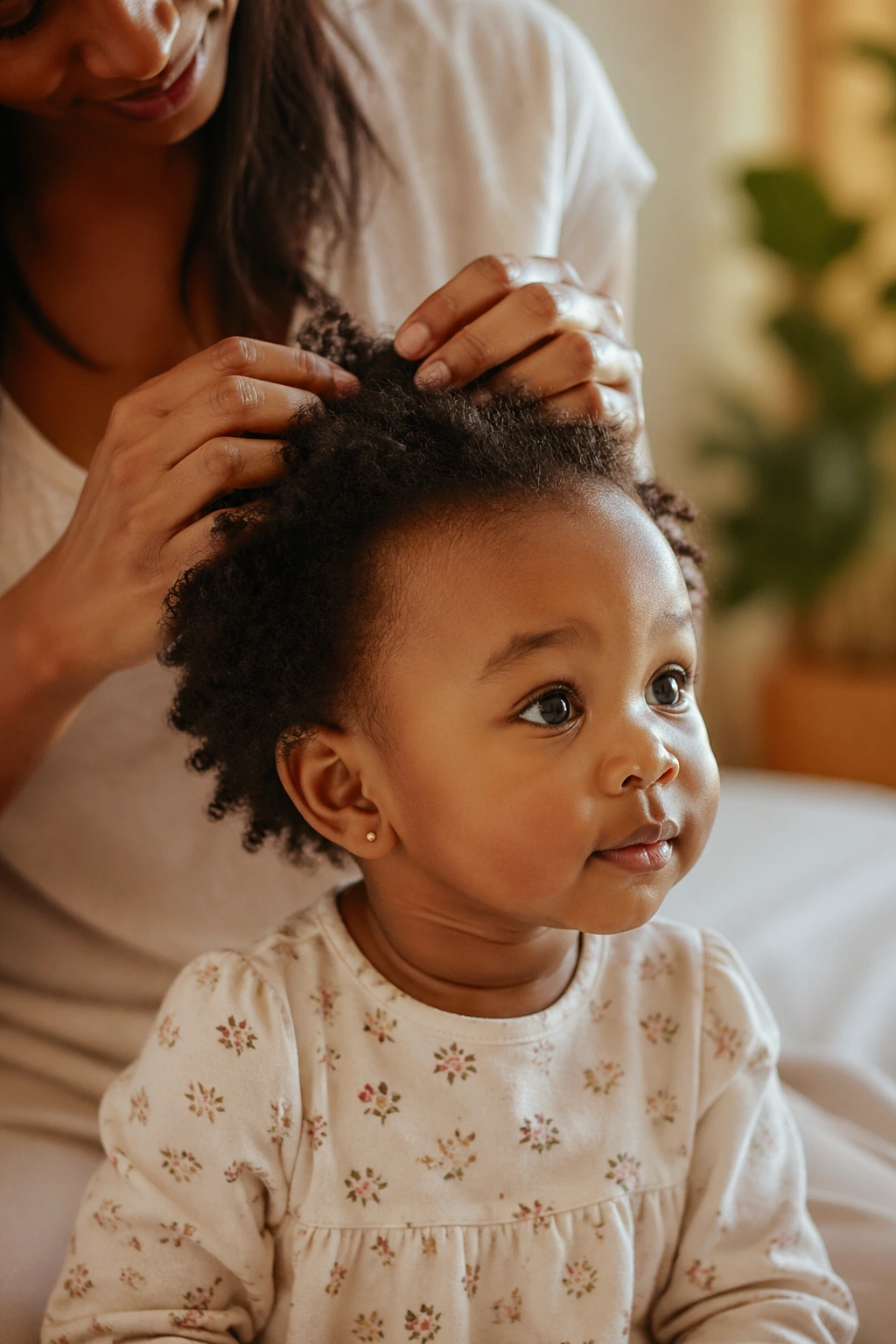 Toddler's head during positive hair care routine with caregiver